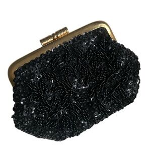 Vintage Mini Bag Seed Pearl Beaded Coin Lipstick Kiss Lock Lined Black EUC